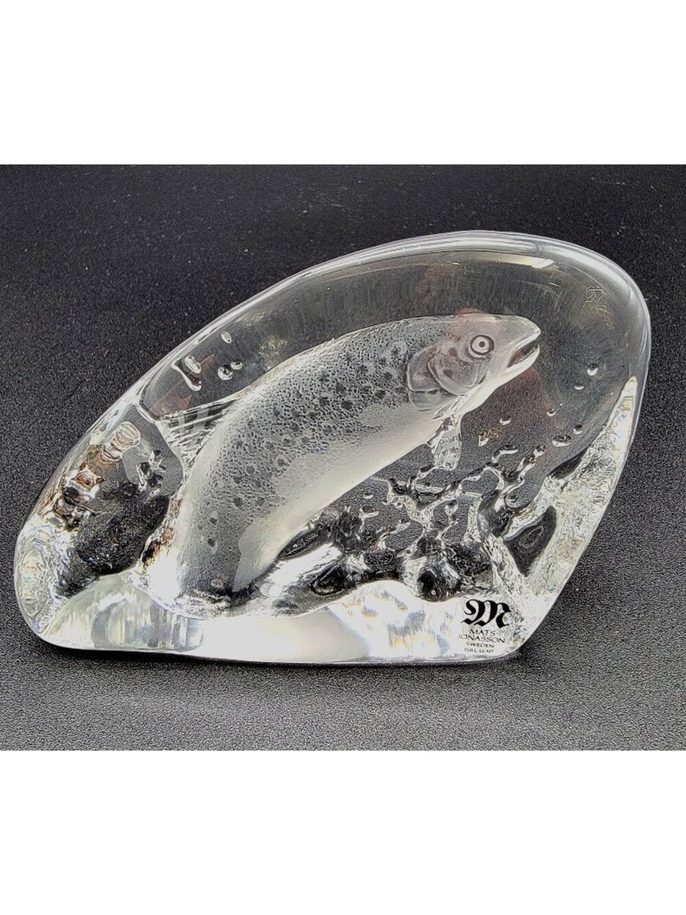 Mats Jonasson Crystal Leaping Salmon Fish Paperweight Signed